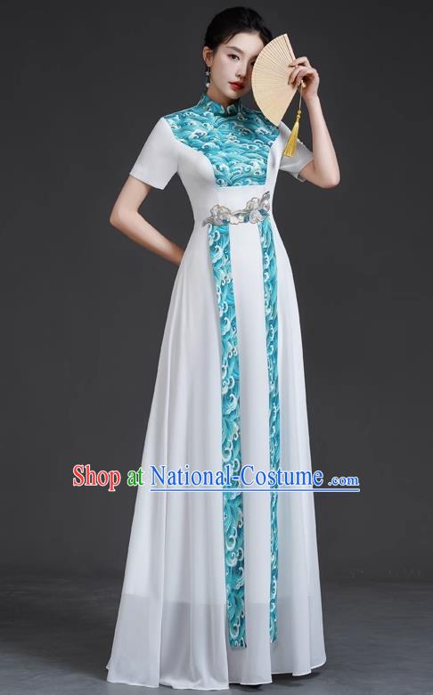 Chinese Style Top Retro Banquet Evening Dress Long White Large Chorus Model Catwalk Costume Chiffon Skirt