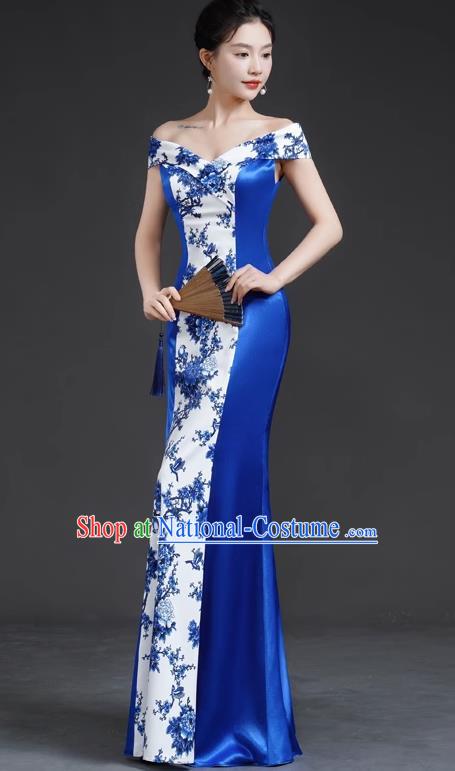 Chinese Retro Blue And White Porcelain Catwalk Cheongsam Performance Costume Long Fishtail Slim Top One Shoulder Evening Dress