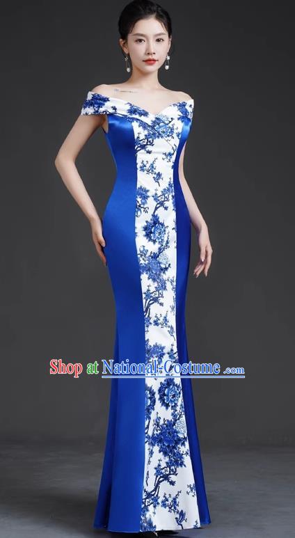 Chinese Retro Blue And White Porcelain Catwalk Cheongsam Performance Costume Long Fishtail Slim Top One Shoulder Evening Dress