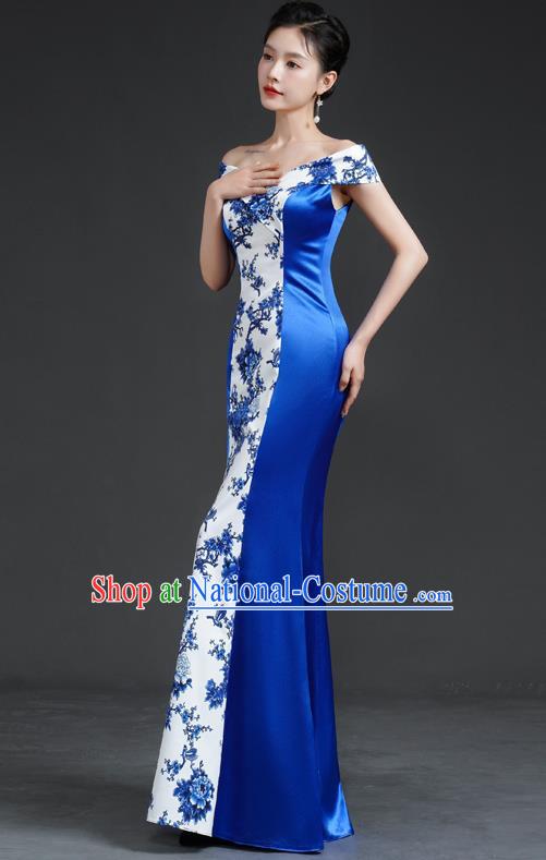 Chinese Retro Blue And White Porcelain Catwalk Cheongsam Performance Costume Long Fishtail Slim Top One Shoulder Evening Dress