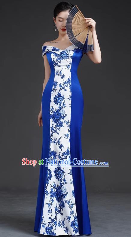 Chinese Retro Blue And White Porcelain Catwalk Cheongsam Performance Costume Long Fishtail Slim Top One Shoulder Evening Dress