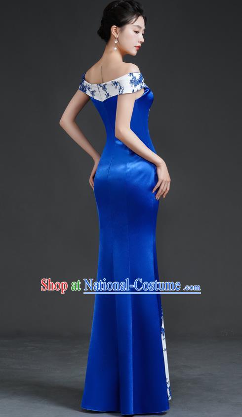 Chinese Retro Blue And White Porcelain Catwalk Cheongsam Performance Costume Long Fishtail Slim Top One Shoulder Evening Dress