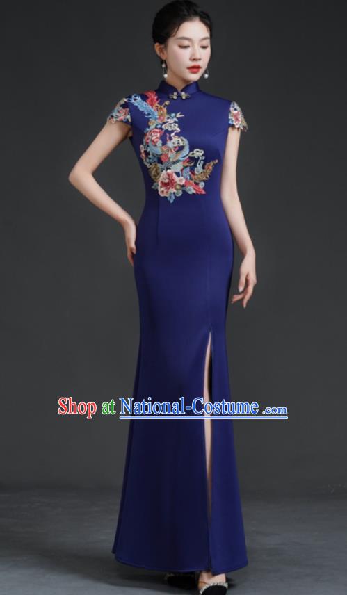 Chinese Fishtail Slit Cheongsam Long Dress Navy Blue Model Catwalk Stage Costume