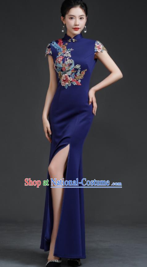 Chinese Fishtail Slit Cheongsam Long Dress Navy Blue Model Catwalk Stage Costume