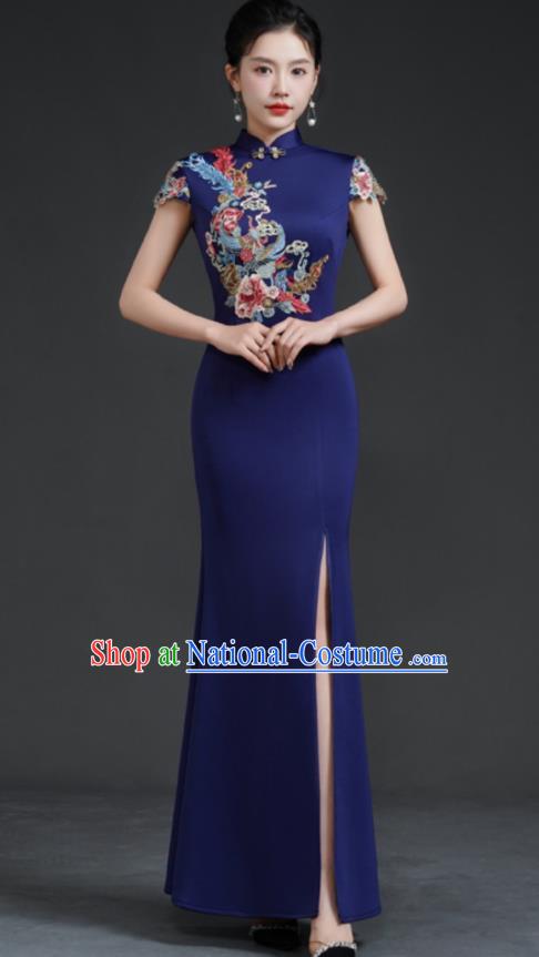 Chinese Fishtail Slit Cheongsam Long Dress Navy Blue Model Catwalk Stage Costume