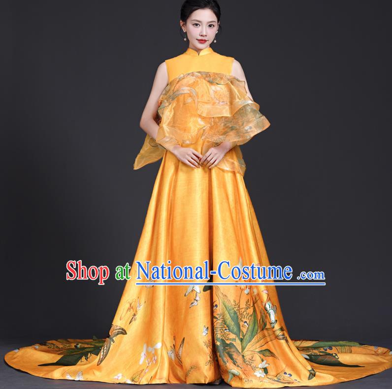 Chinese Style Top Big Tail Dress To Host The Banquet Dress Art Test Model Catwalk Show Exaggerated Performance Dress Skirt Self Cultivation