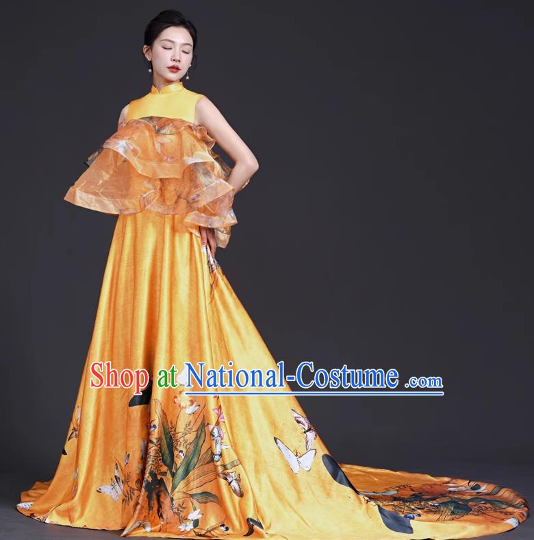 Chinese Style Top Big Tail Dress To Host The Banquet Dress Art Test Model Catwalk Show Exaggerated Performance Dress Skirt Self Cultivation