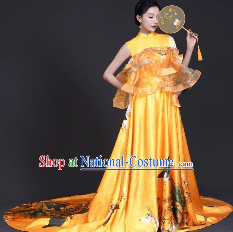 Chinese Style Top Big Tail Dress To Host The Banquet Dress Art Test Model Catwalk Show Exaggerated Performance Dress Skirt Self Cultivation