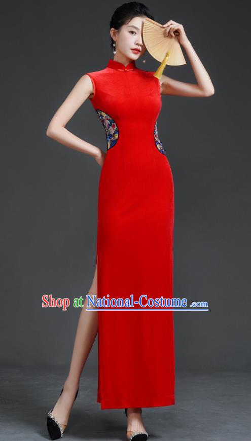 Top Long Catwalk Cheongsam Red Velvet Mother Dress Wedding Dress Model Team Stage Costume