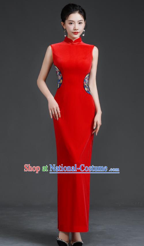 Top Long Catwalk Cheongsam Red Velvet Mother Dress Wedding Dress Model Team Stage Costume