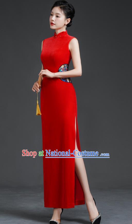 Top Long Catwalk Cheongsam Red Velvet Mother Dress Wedding Dress Model Team Stage Costume