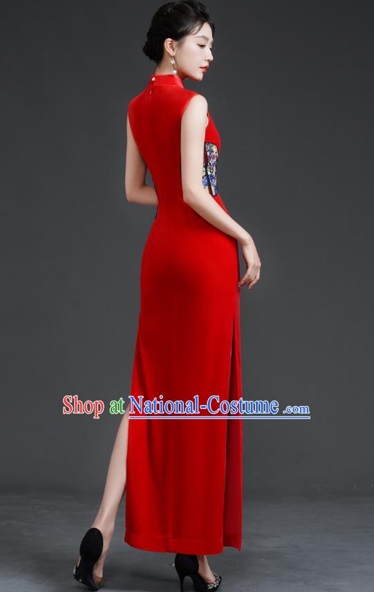 Top Long Catwalk Cheongsam Red Velvet Mother Dress Wedding Dress Model Team Stage Costume