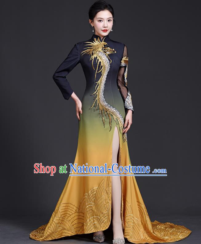 Chinese Style Top Banquet Evening Dress Trailing Long Stage Model Catwalk Cheongsam Costume Fishtail Slit