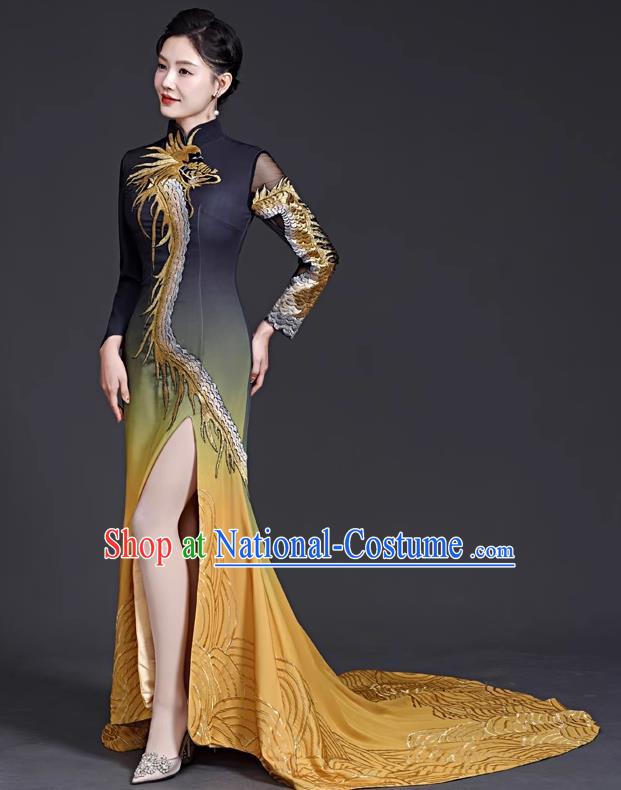 Chinese Style Top Banquet Evening Dress Trailing Long Stage Model Catwalk Cheongsam Costume Fishtail Slit