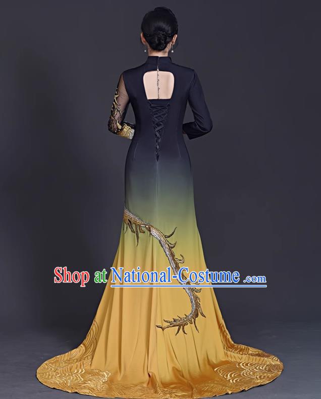 Chinese Style Top Banquet Evening Dress Trailing Long Stage Model Catwalk Cheongsam Costume Fishtail Slit