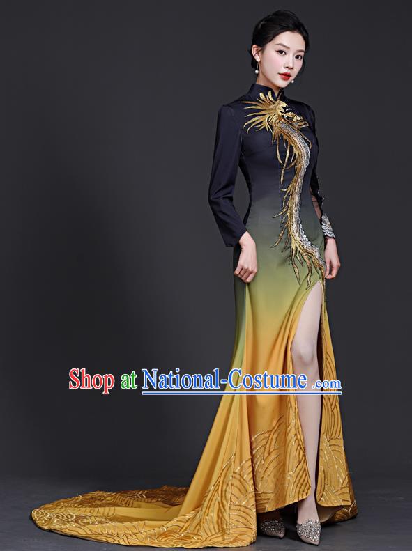 Chinese Style Top Banquet Evening Dress Trailing Long Stage Model Catwalk Cheongsam Costume Fishtail Slit