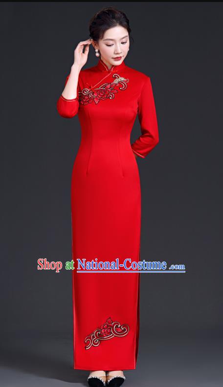 Chinese Style Simple Cheongsam Long Section Mother Model Team Catwalk Show Costume Red Evening Dress