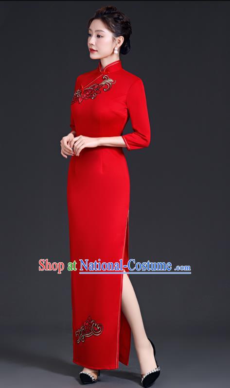 Chinese Style Simple Cheongsam Long Section Mother Model Team Catwalk Show Costume Red Evening Dress