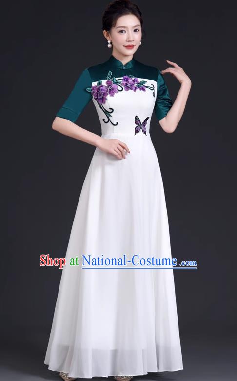 Chinese Style Top Dress Stage Choir Catwalk Cheongsam Performance Clothing Chiffon Long Skirt Hit Color