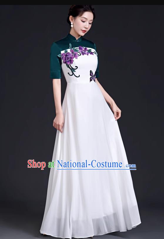 Chinese Style Top Dress Stage Choir Catwalk Cheongsam Performance Clothing Chiffon Long Skirt Hit Color