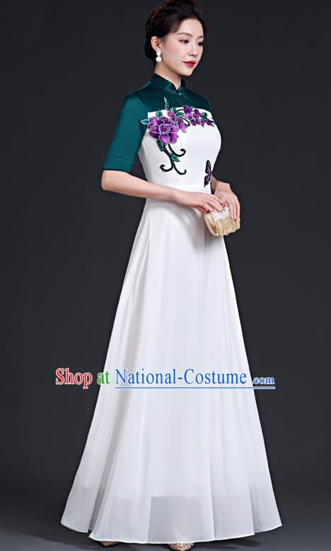 Chinese Style Top Dress Stage Choir Catwalk Cheongsam Performance Clothing Chiffon Long Skirt Hit Color