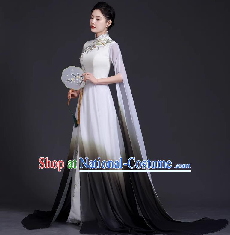 Top National Tide Style Banquet Evening Dress Long Model Catwalk Cheongsam Guzheng Art Test Solo Dress Embroidery