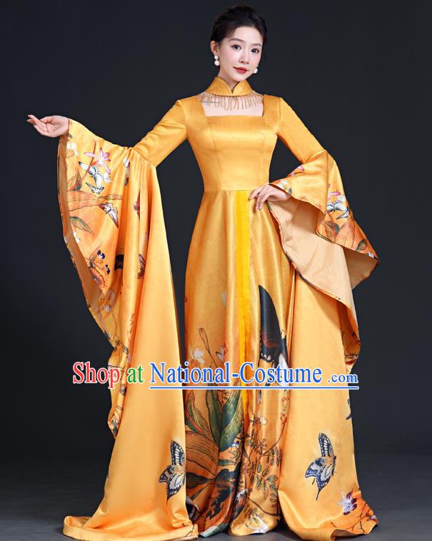 Chinese Fashion Top Catwalk Evening Dress Atmosphere Art Examination Vocal Performance Host Dress Model Cheongsam Long Costumes