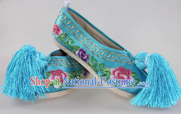 Blue Melaleuca Bottom Peony Flower Embroidered Shoes Huadan Flat Cloth Bottom Opera Color Shoes Xiaodan Cloth Shoes Ancient Costume Performance Chinese Style