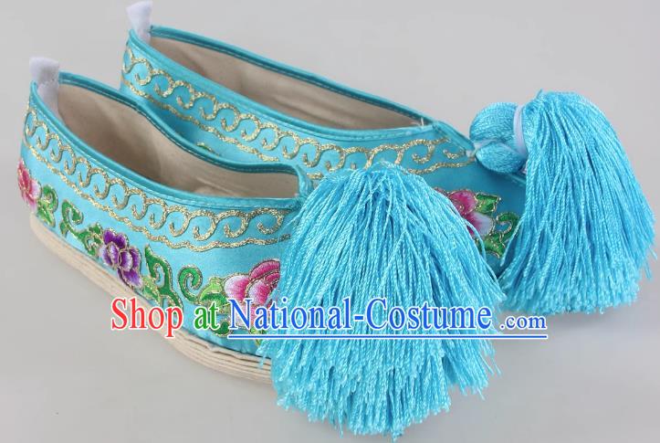 Blue Melaleuca Bottom Peony Flower Embroidered Shoes Huadan Flat Cloth Bottom Opera Color Shoes Xiaodan Cloth Shoes Ancient Costume Performance Chinese Style