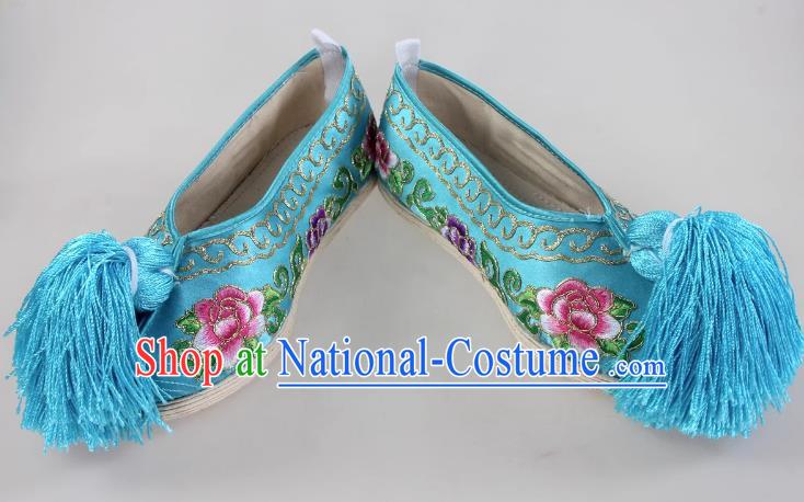 Blue Melaleuca Bottom Peony Flower Embroidered Shoes Huadan Flat Cloth Bottom Opera Color Shoes Xiaodan Cloth Shoes Ancient Costume Performance Chinese Style