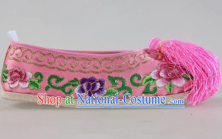 Pink Melaleuca Bottom Peony Flower Embroidered Shoes Huadan Flat Cloth Sole Opera Color Shoes Xiaodan Cloth Shoes Ancient Costume Performance Chinese Style