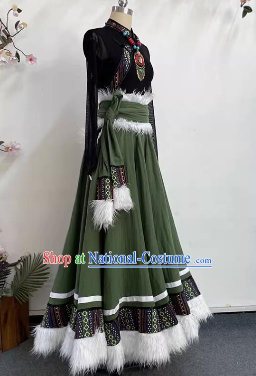 Black Olive Green Tibetan Dance Women Big Swing Skirt Tibetan Clothing Minority Practice Clothing Art Test Practice Performance Clothing