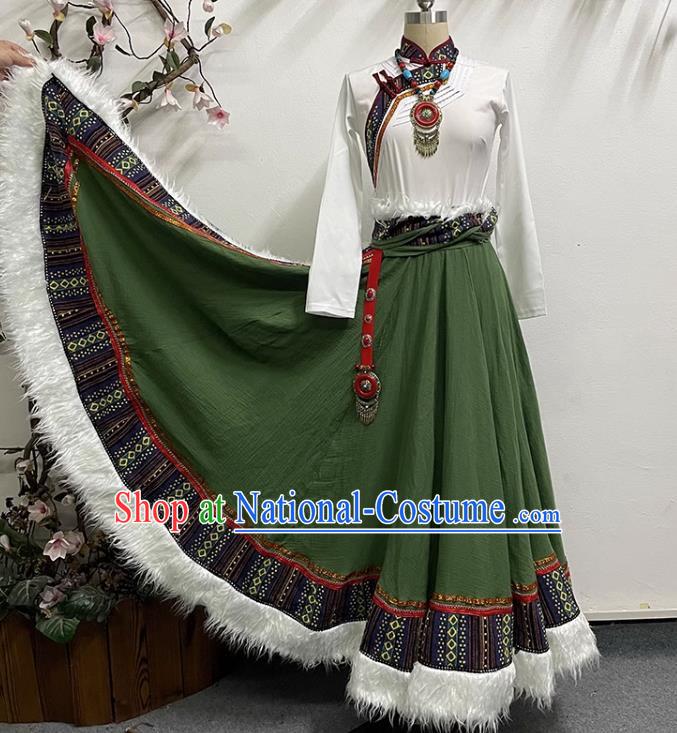 White and Green Tibetan Dance Women Large Swing Skirt Tibetan Clothing Minority Practice Clothing Art Test Practice Performance Clothing