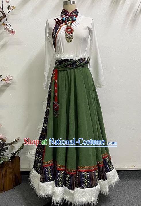 White and Green Tibetan Dance Women Large Swing Skirt Tibetan Clothing Minority Practice Clothing Art Test Practice Performance Clothing