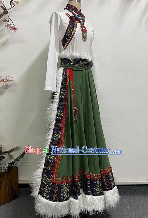 White and Green Tibetan Dance Women Large Swing Skirt Tibetan Clothing Minority Practice Clothing Art Test Practice Performance Clothing