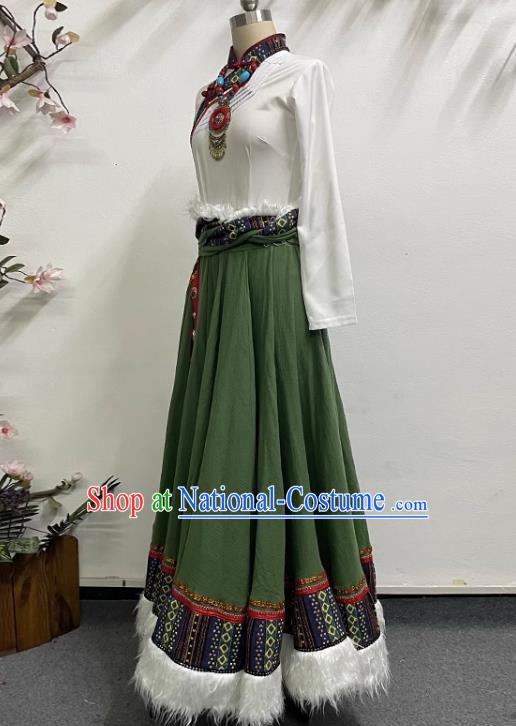 White and Green Tibetan Dance Women Large Swing Skirt Tibetan Clothing Minority Practice Clothing Art Test Practice Performance Clothing