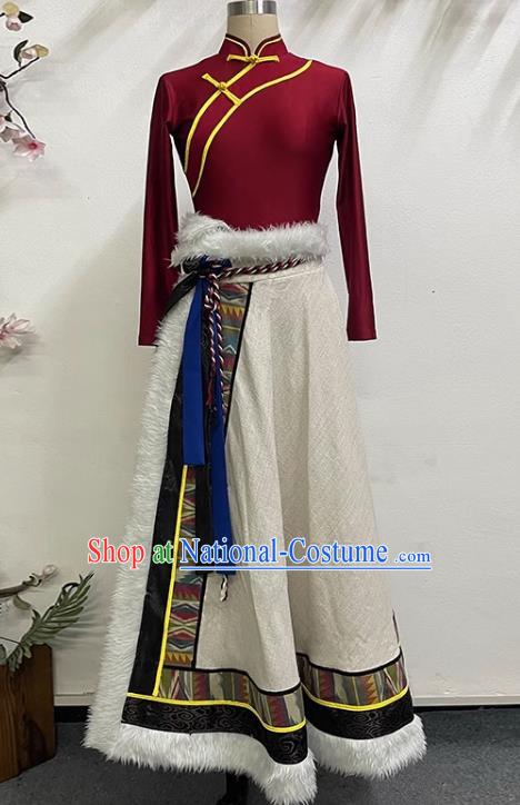 Red and White Tibetan Dance Women Big Swing Skirt Tibetan Clothing Minority Practice Clothing Art Test Practice Performance Clothing