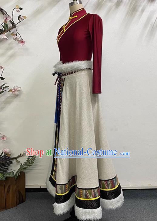 Red and White Tibetan Dance Women Big Swing Skirt Tibetan Clothing Minority Practice Clothing Art Test Practice Performance Clothing