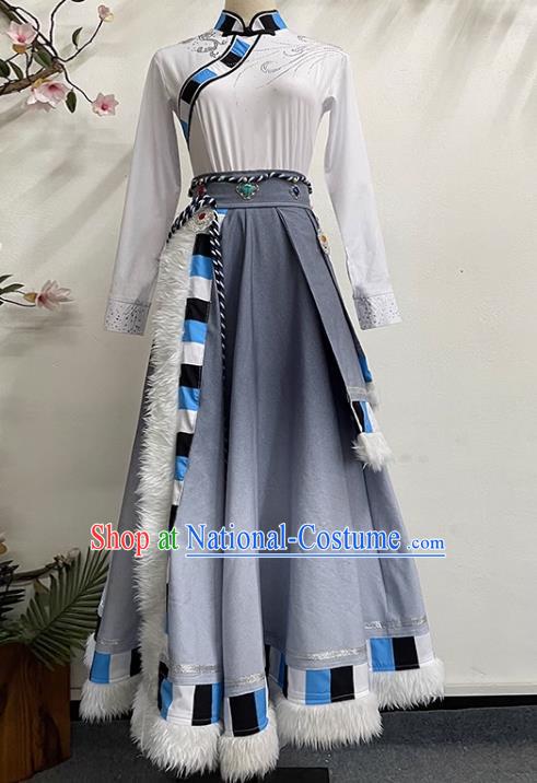 White Gray Tibetan Dance Women Big Swing Skirt Tibetan Clothing Minority Practice Clothing Art Test Practice Performance Clothing