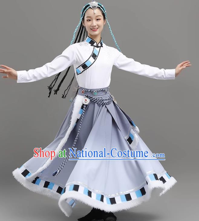 White Gray Tibetan Dance Women Big Swing Skirt Tibetan Clothing Minority Practice Clothing Art Test Practice Performance Clothing