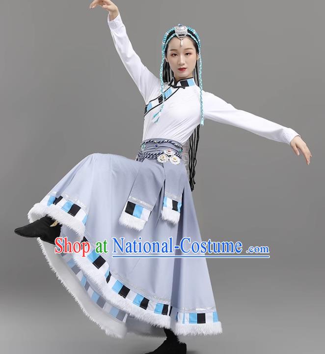 White Gray Tibetan Dance Women Big Swing Skirt Tibetan Clothing Minority Practice Clothing Art Test Practice Performance Clothing