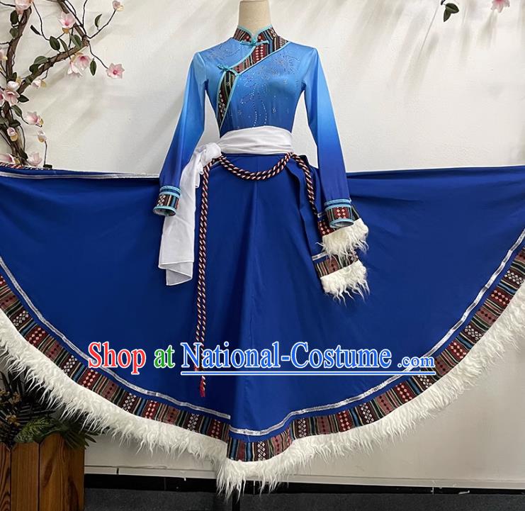 Dark Blue Tibetan Dance Women Big Swing Skirt Tibetan Clothing Ethnic Minority Practice Clothing Art Test Practice Performance Clothing