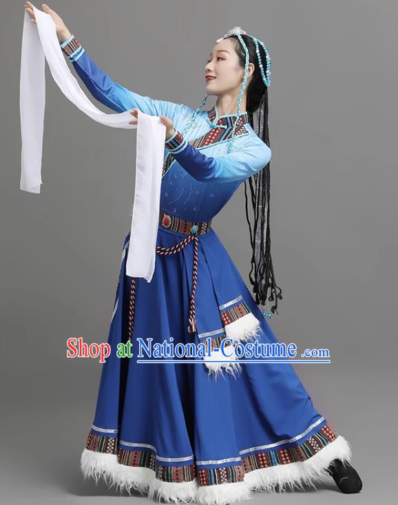 Dark Blue Tibetan Dance Women Big Swing Skirt Tibetan Clothing Ethnic Minority Practice Clothing Art Test Practice Performance Clothing