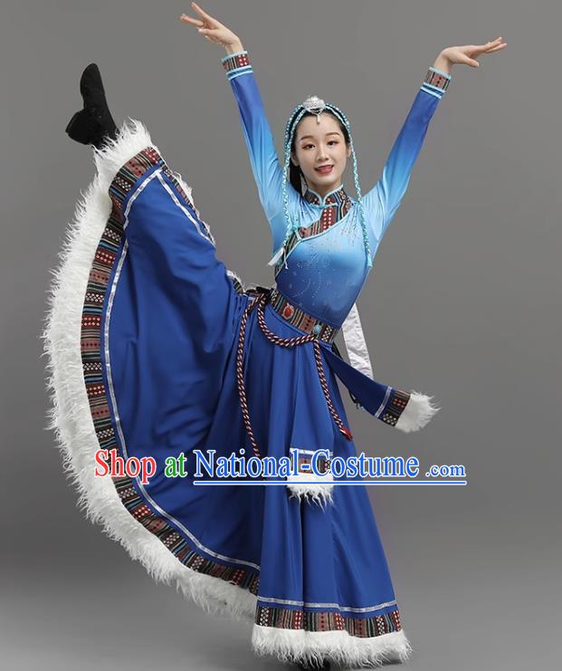 Dark Blue Tibetan Dance Women Big Swing Skirt Tibetan Clothing Ethnic Minority Practice Clothing Art Test Practice Performance Clothing