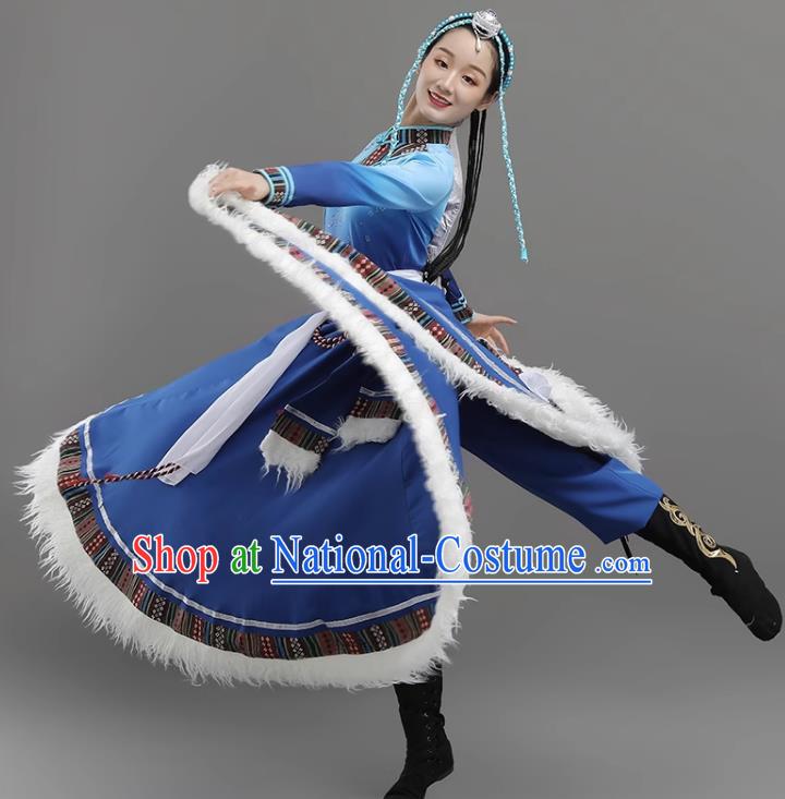 Dark Blue Tibetan Dance Women Big Swing Skirt Tibetan Clothing Ethnic Minority Practice Clothing Art Test Practice Performance Clothing