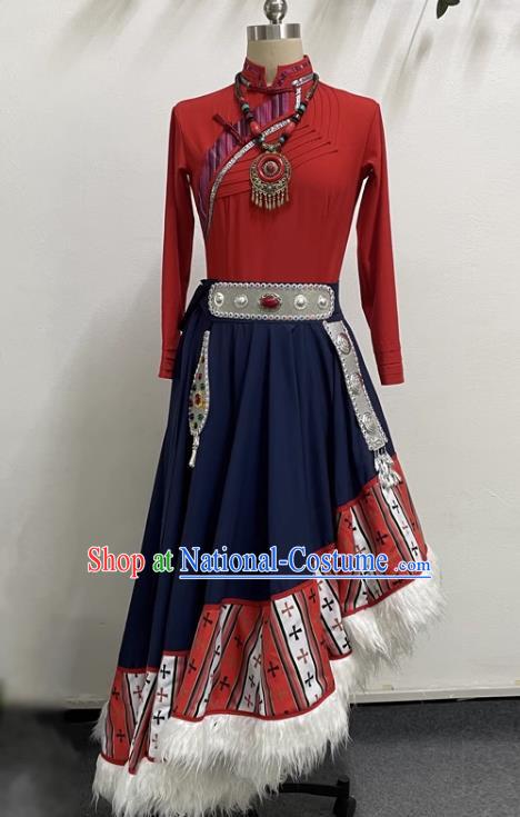 Red Tibetan Dancing Women Big Swing Skirt Tibetan Clothing Ethnic Minority Practice Clothing Art Test Practice Performance Clothing