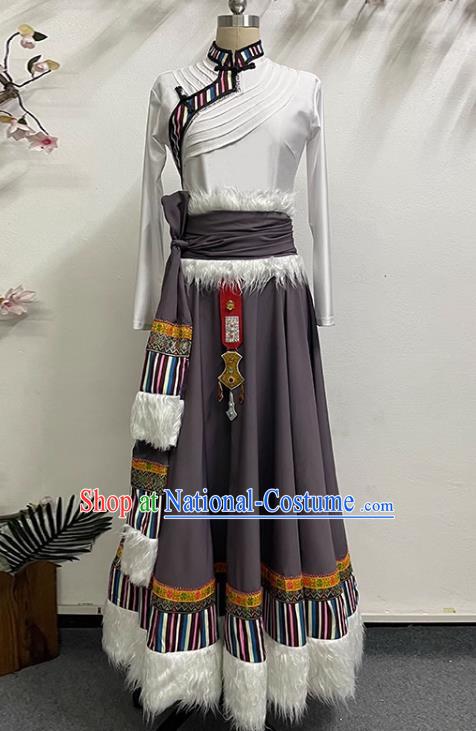 White Brown Tibetan Dance Women Large Swing Skirt Tibetan Clothing Minority Practice Clothing Art Test Practice Performance Clothing