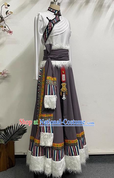 White Brown Tibetan Dance Women Large Swing Skirt Tibetan Clothing Minority Practice Clothing Art Test Practice Performance Clothing