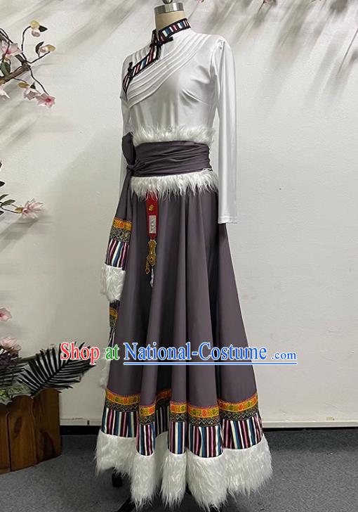 White Brown Tibetan Dance Women Large Swing Skirt Tibetan Clothing Minority Practice Clothing Art Test Practice Performance Clothing