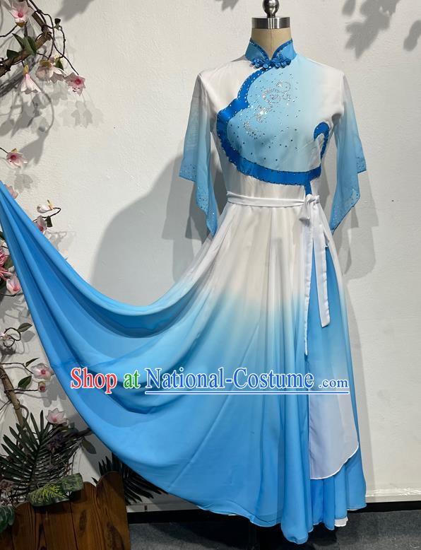 Blue Dance Students Such As Summer Flowers with Dress Fan Dance Practice Skills Examination Jiaozhou Yangko Dance Costumes Performance Costumes